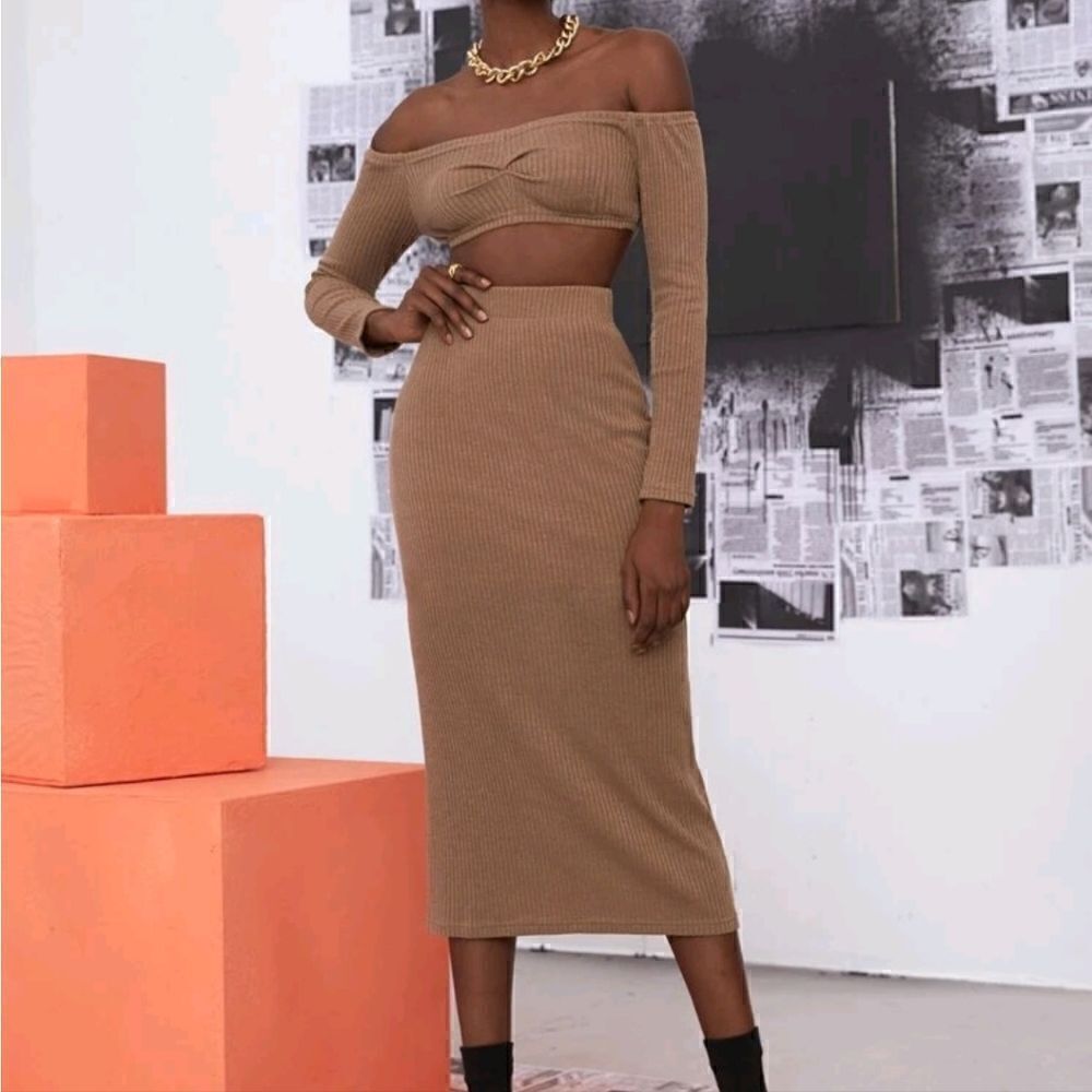 KNIT MIDI SKIRT SET TOP  OFF SHOULDER TOP & HIGH WAIST SKIRT